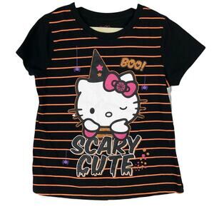 NWOT HELLO KITTY SANRIO Tshirt Girl 12 Graphic Glitter Halloween SpiderWeb Strip
